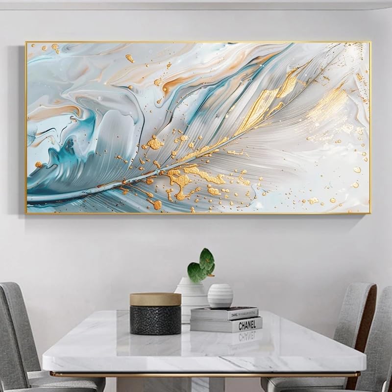Impression sur toile plumes dorées bleues décoration murale maison GOSRD 55x110