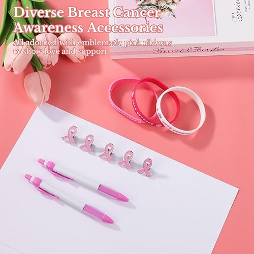 Miniatura 2 de 108 piezas de accesorios de concientización sobre el cáncer de mama, bolígrafos de bola con cinta rosa, pulseras de silicona, broches de aleación,