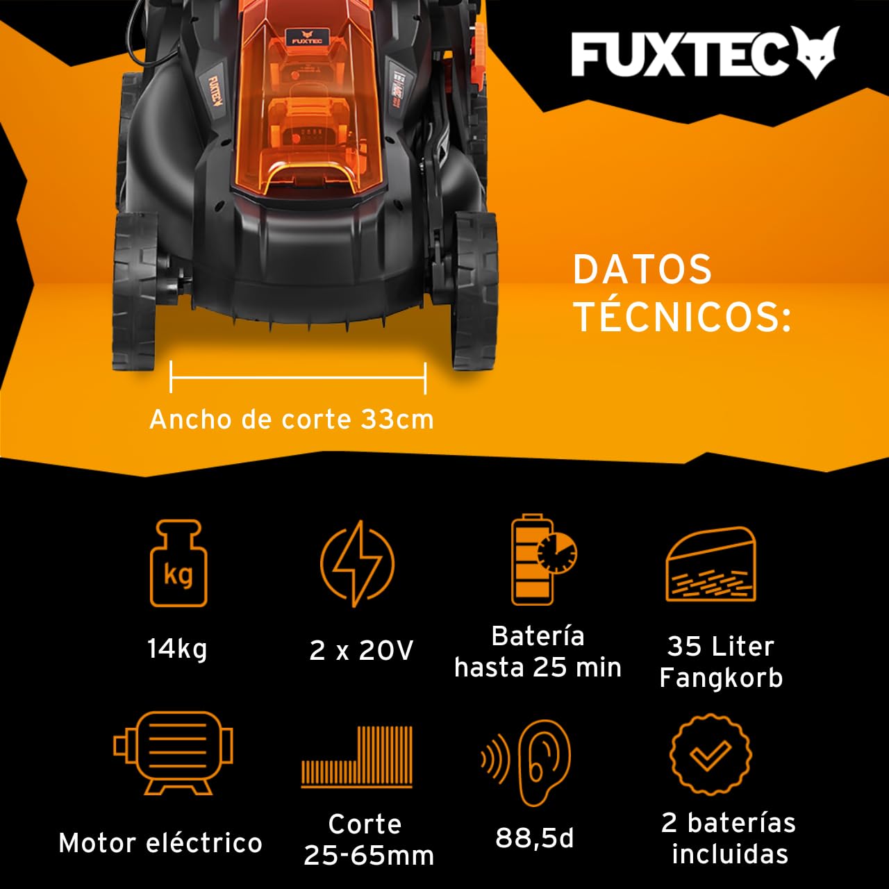 Cortacésped de batería Fuxtec FX-E1RM20 2x20V Set con 2 baterías y Cargador - 33cm de Ancho de Corte / 35L de Bolsa de Recogida de Hierba