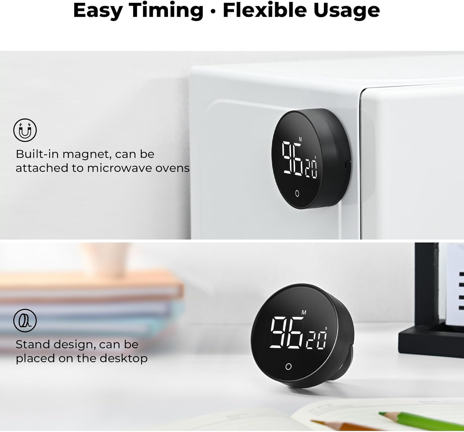 EooCoo Digital Kitchen Timer showing its magnetic back and kickstand for versatile placement