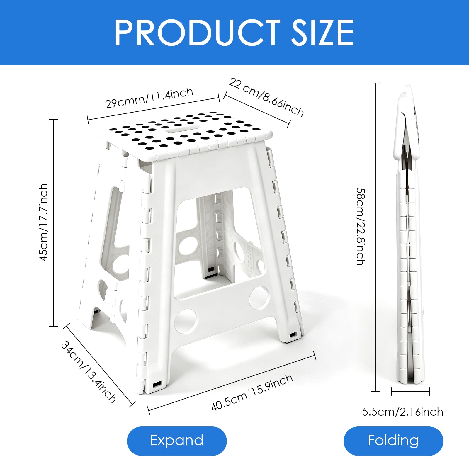 Taburete Plegable 45cm Escalón Portátil para Baño Cocina Jardín Blanco