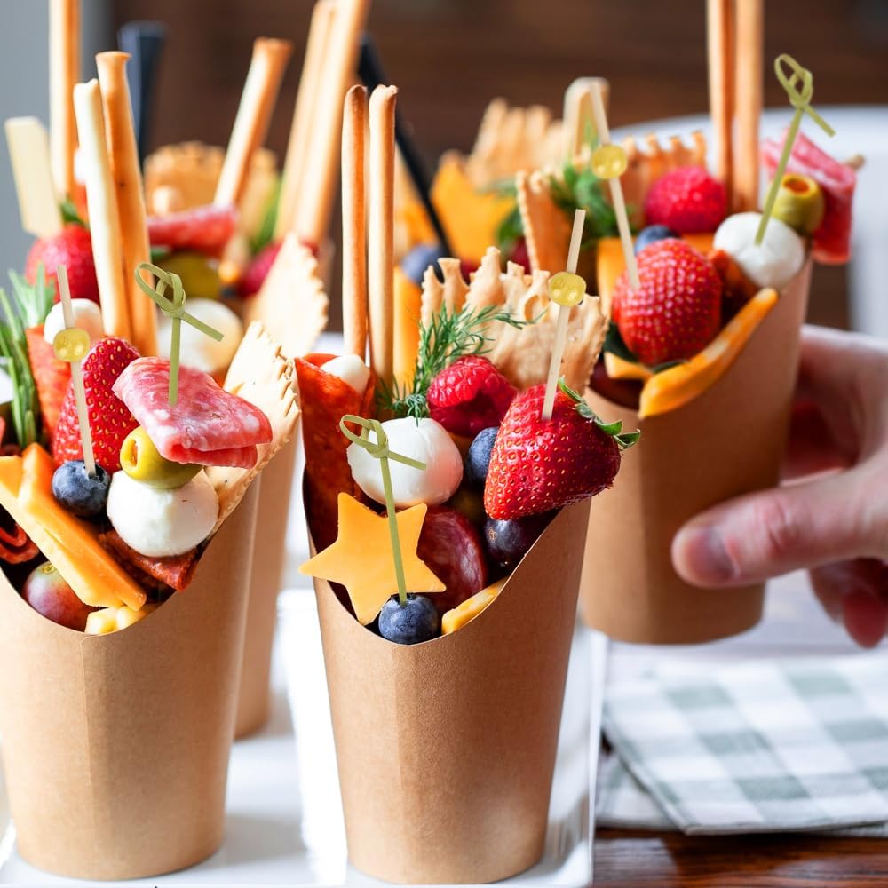 Charcuterie Box,60 Sets Charcuterie Cups,Charcuterie Accessories,Snack Cup,Charcuterie Cones,12oz French Fries Holder with Cocktail Bamboo Skewers Toothpicks 60 Cups+200 Sticks+60 Bags+60 Labels - Image 3