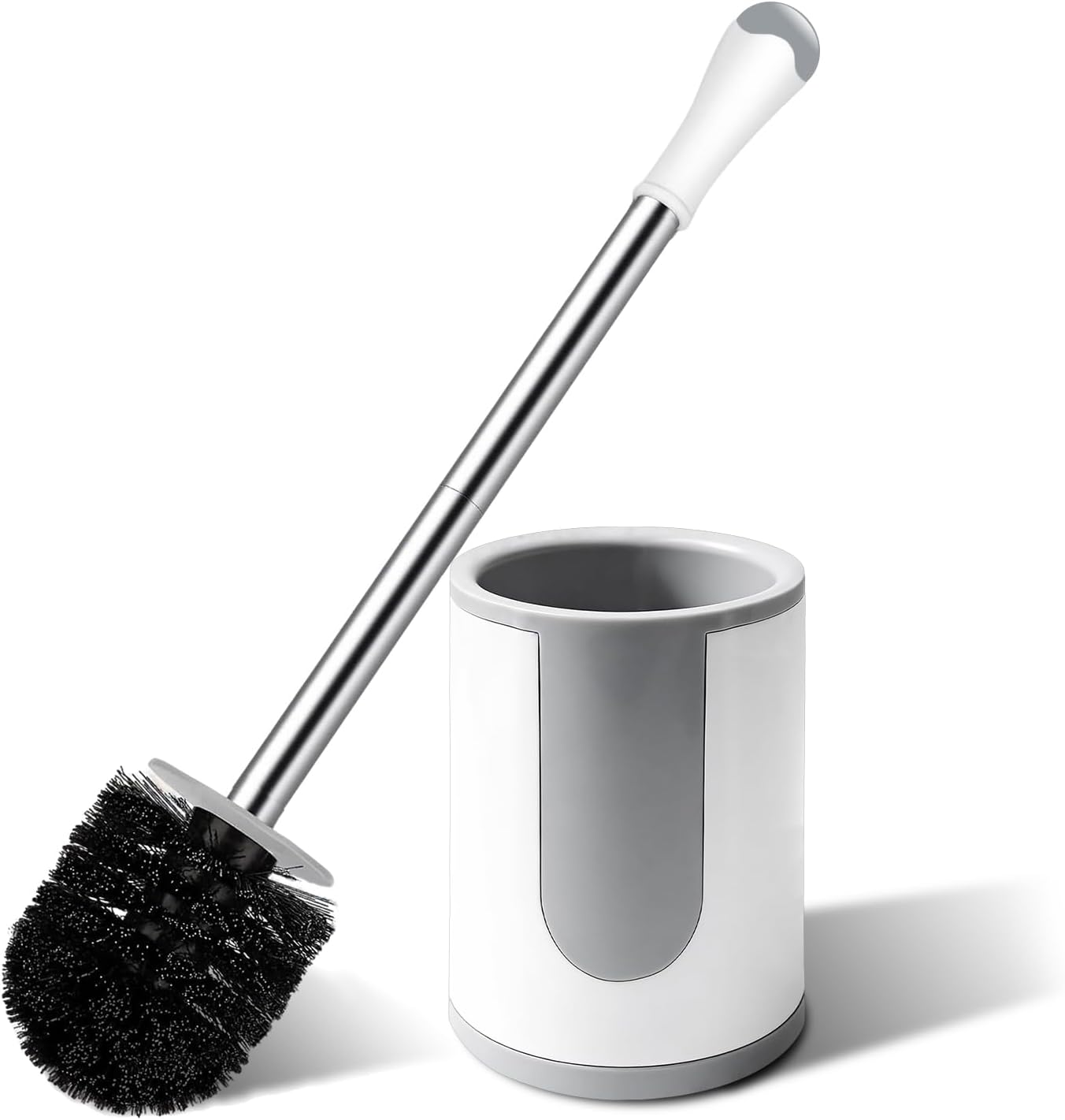 AONEZ Compact Toilet Brush & Holder, Stainless Steel Handle, Hidden Brush Head, Deep Cleaning Black Bristles, White Grey Modern Bathroom Essential