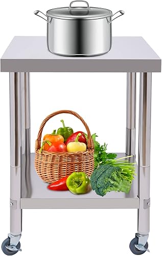 Mesa de preparación de acero inoxidable, mesa de trabajo resistente con estante inferior y ruedas para restaurante, hogar y hotel, preparación y