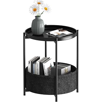 Round Side Table Sofa Table 2 Levels Metal Balcony Table Small Table Coffee Table with Fabric Basket Living Room Table Side Tables Bedside Table for Bedroom Living Room Black