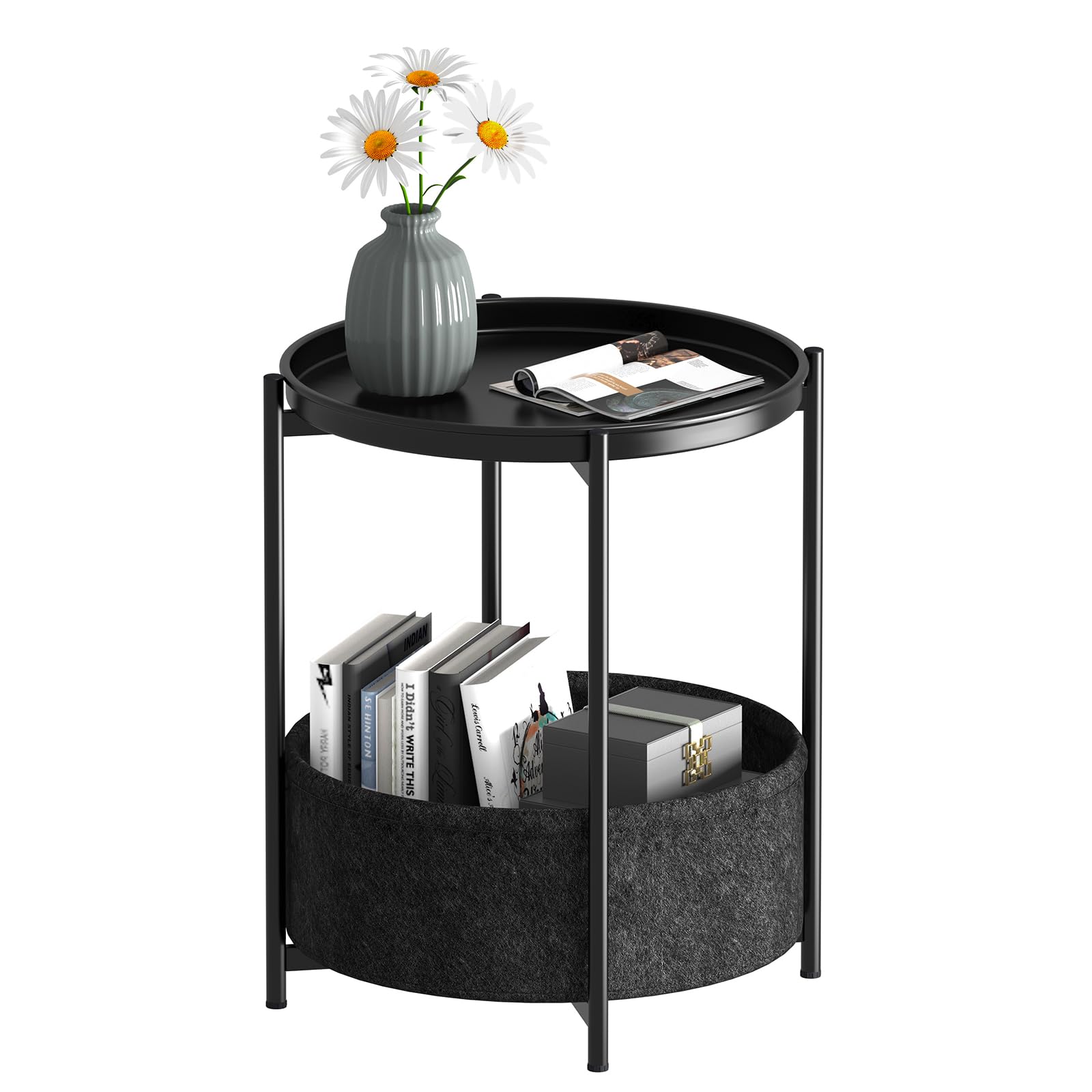 Beistelltisch Rund, Sofatisch 2 Ebenen, Metall Balkontisch, Kleiner Tisch, Couchtisch mit Korb aus Stoff, Wohnzimmertisch, Beistelltische, Nachttisch fürs Schlafzimmer Wohnzimmer (Schwarz)