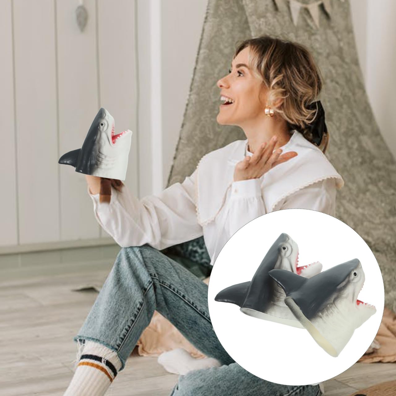 Toyvian Marionnettes Requin - 2 Pièces Tête de Requin Réaliste en Caoutchouc Souple de Jeu de Rôle pour Enfants Jouet Éducatif pour Histoires Spectacles et Anniversaires