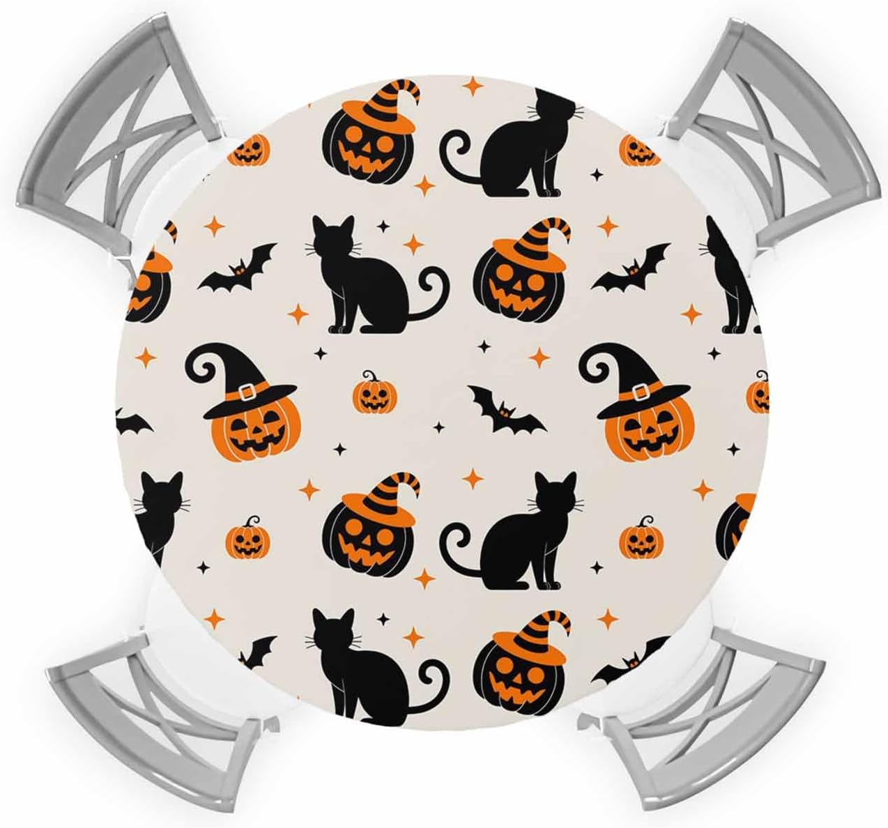 Round Fitted Tablecloth Elastic Edged Table Cover,Halloween Cat Pumpkin Ghost Waterproof Wipeable Table Cloths for Kitchen Dining Party Fit up 55-60in Tables,Bat Orange Black Beige