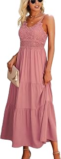 Dokuritu Women's Summer Solid Color Beach Crochet Lace Spaghetti Strap Maxi Dress, Pink, Large Price In India