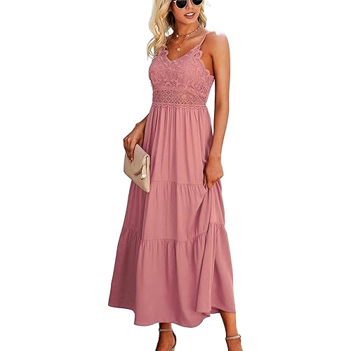 Dokuritu Women's Beach Crochet Lace Maxi Dress Solid Color Summer Vacation Spaghetti Strap Long Dress 2023
