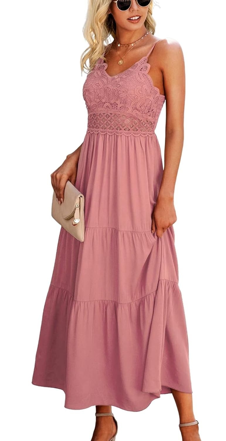 Dokuritu Women's Summer Solid Color Beach Crochet Lace Spaghetti Strap Maxi Dress, Pink, Large - Review, Price and Buying Guide