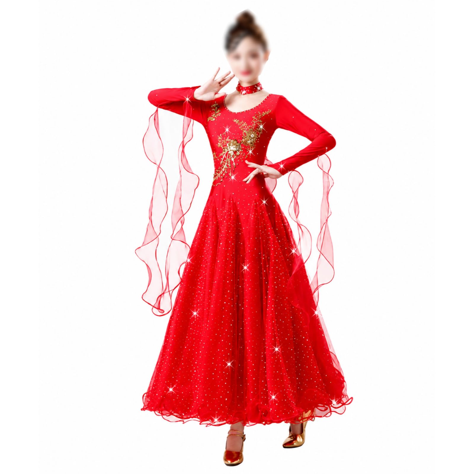 Ballsaal Tanzkleid Für Damen, Elegantes Langarm Tanzkleid Für Walzer Und Tango Modisches Tanzkleid Mit Rundhalsausschnitt Und Strass Für Tango Cha-Cha Rumba Salsa Und Partys