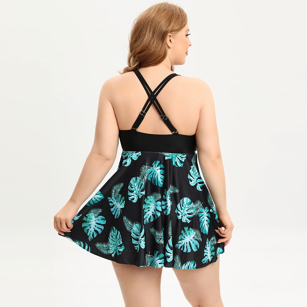 Costume da bagno a due pezzi taglie forti con coulisse Costume da bagno con stampa foglie tropicali