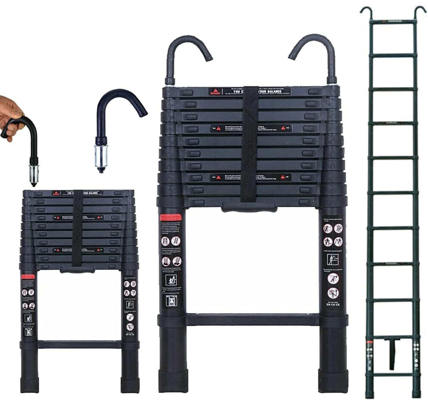 Teleskopleiter aus Aluminium, 3,5 m, Teleskopleiter mit 2 abnehmbaren Haken, 3,2 m Verlängerungsleiter, Mehrzweckleiter, schwarz, vollständig ausgezogen 320 cm, 150 kg Kapazität
