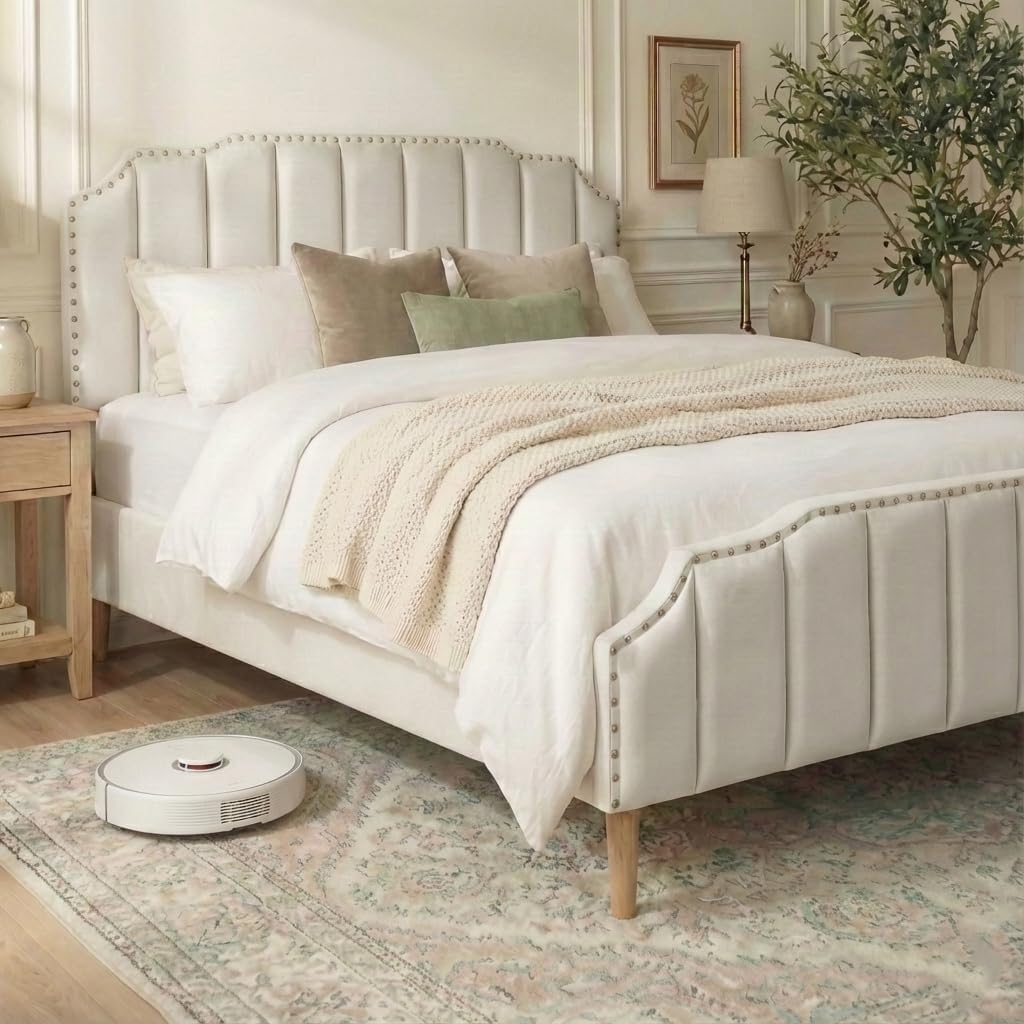 Queen Bed Frame Cream White Velvet, 48.8" Tall Arched Headboard and Footboard Set, Luxury Platform Bed with Gold Nailhead Trim, 6.3" Clearance for Robot, Vertical Tufted, Ivory