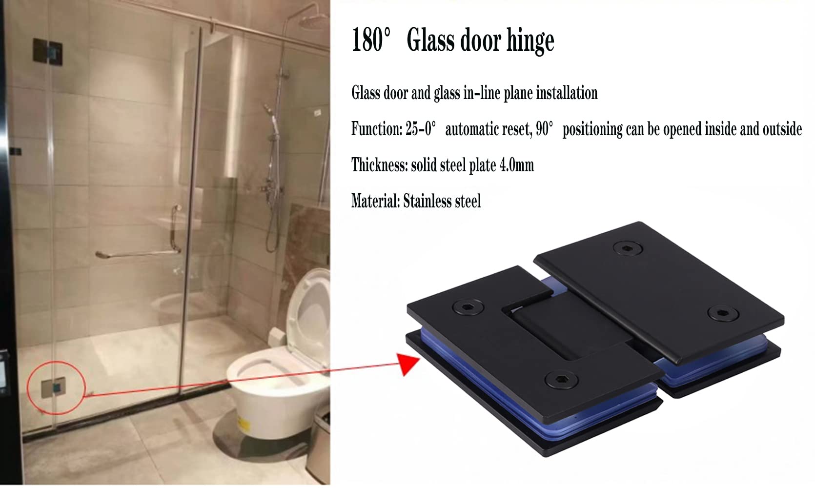 Bisagras de puerta de ducha sin marco, bisagras de puerta de ducha de vidrio de 180 grados, bisagras de vidrio de acero inoxidable resistente a vidrio, bisagras de puerta de ducha de vidrio, piezas de