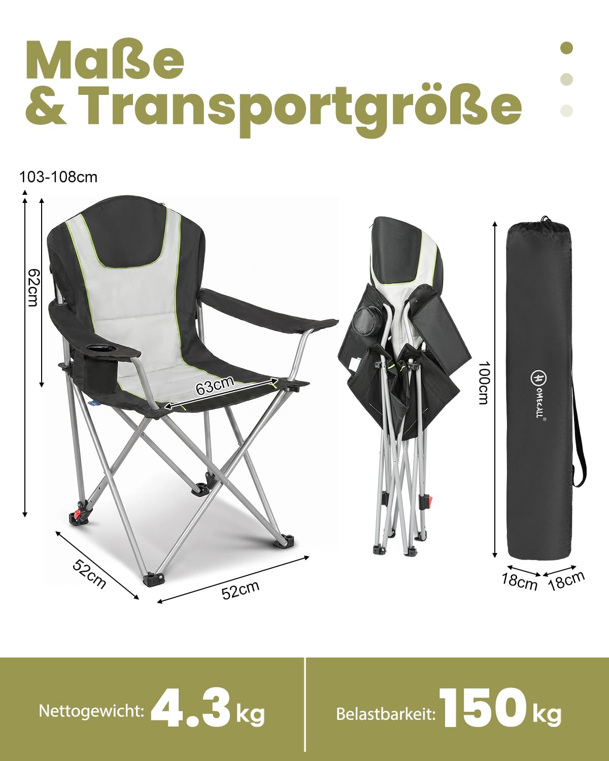 Homecall Campingstuhl Faltbar 150 KG Belastbar Camping Stuhl mit Armlehnen, Becherhalter, Abnehmbares Kissen, Tragetasche - Anglerstuhl Klappstuhl für Outdoors