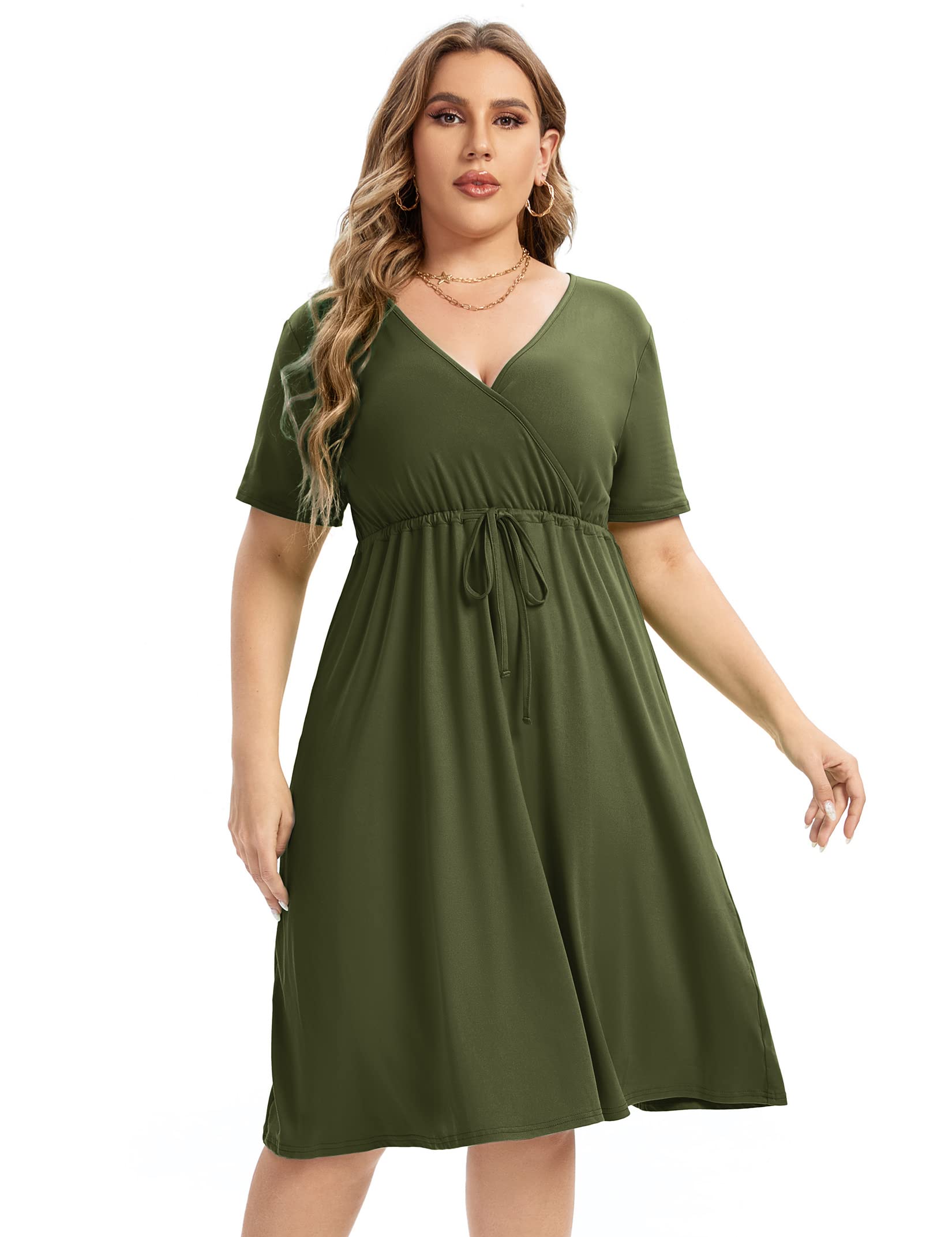 Plus Size Dress Women's V Neck A-Line Knee Length Wrap Mini Dress with Belt Plus Size Dresses for Curvy Womenolive-cs 3X-Large