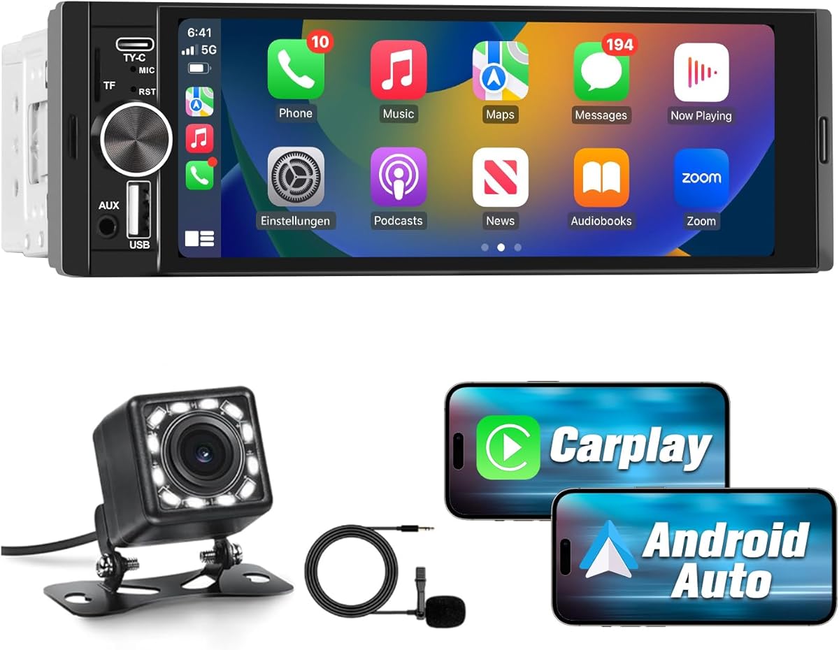 Autoradio 1 DIN CarPlay et Android Auto avec 6.36‘’ Écran Tactile HD/Bluetooth 5.0/Caméra de Recul Inclus/FM USB Type C/GPS/Airplay/Mirrorlink/Siri Commande Vocale