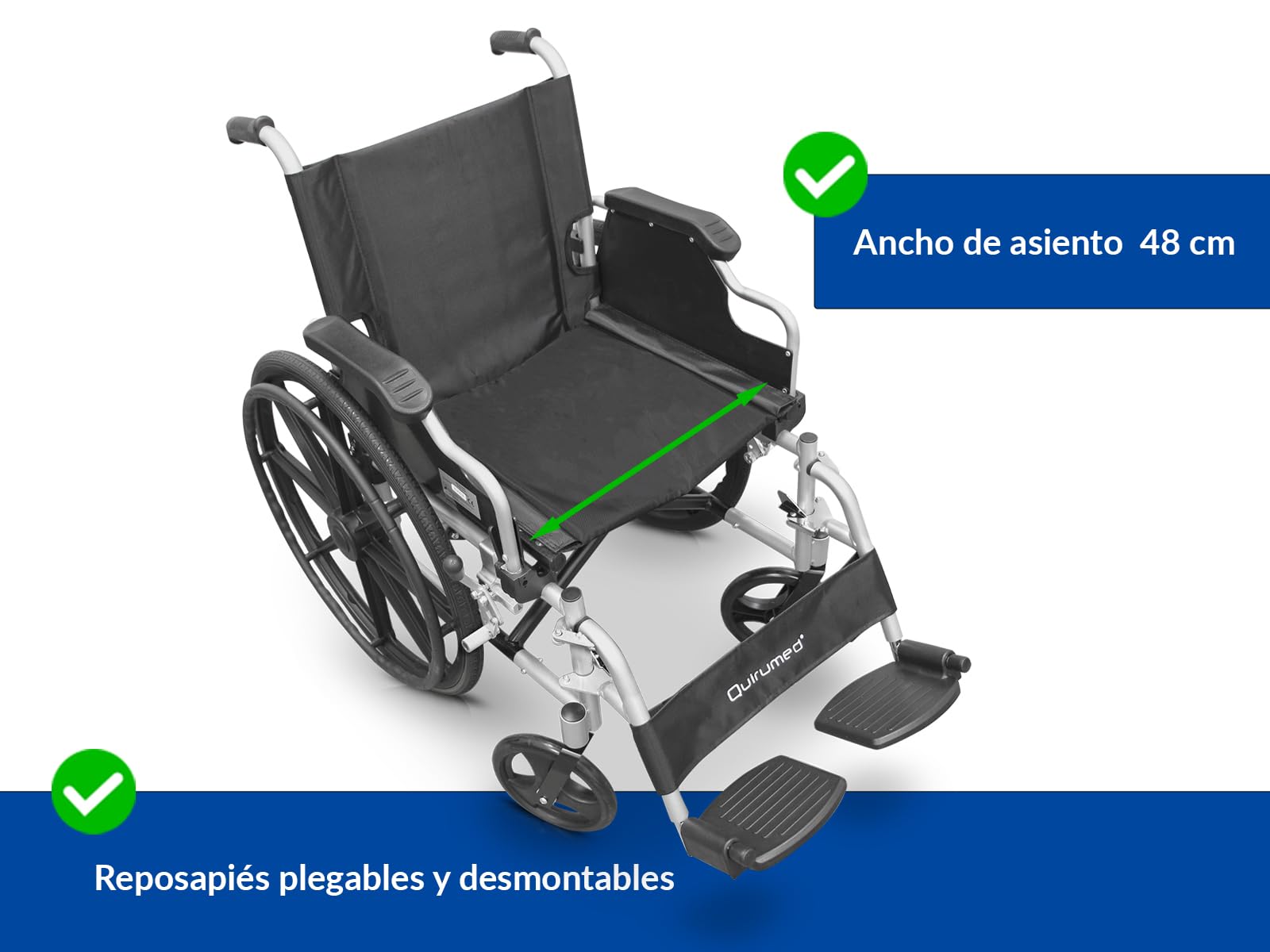 QUIRUMED Silla de ruedas de aluminio, Plegable, Asiento 48 cm, Reposabrazos abatibles y desmontables, Reposapiés abatibles, Frenos de mano, Para mayores, Para minusválidos