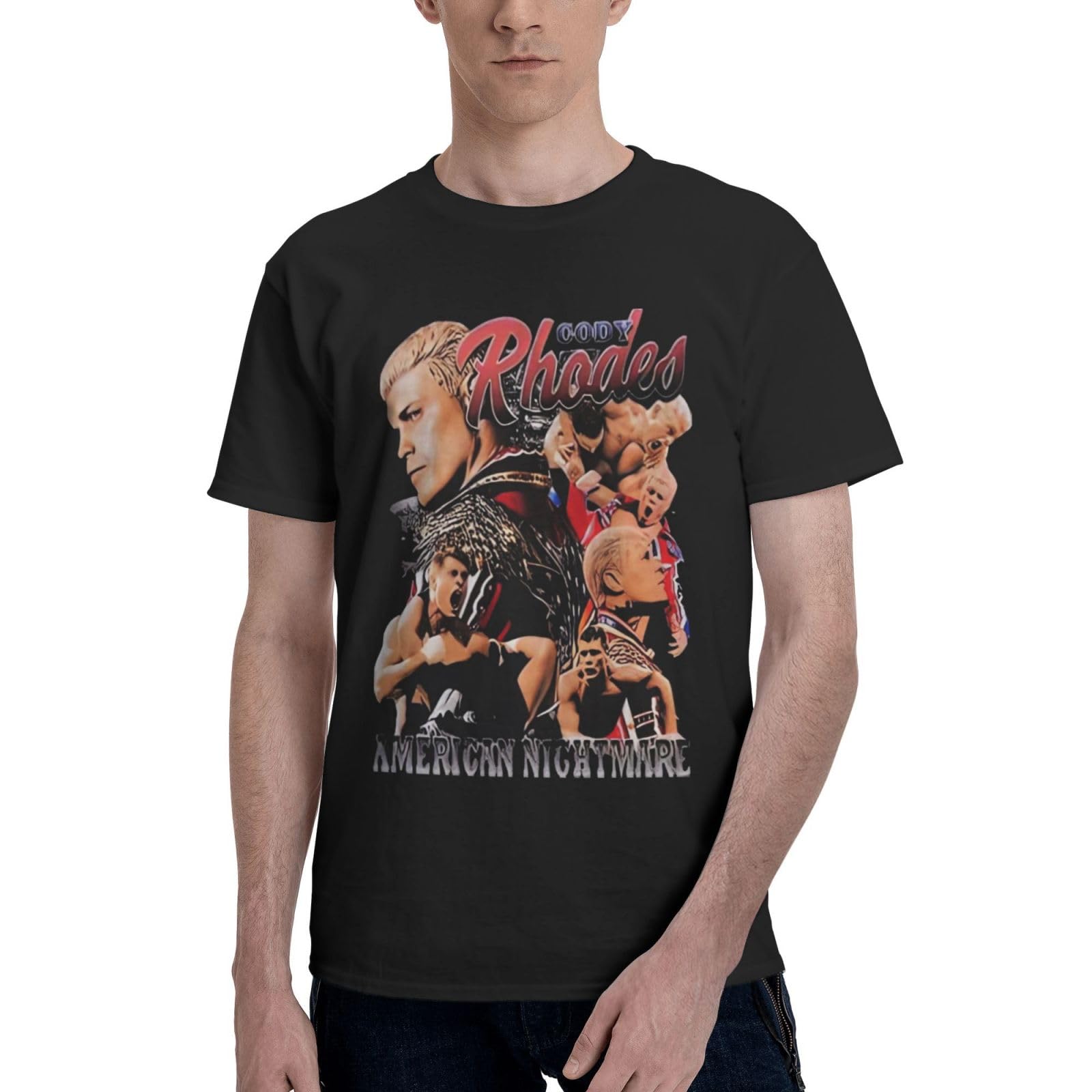 GRDBZZXGO Men's Rhodes Wrestler Stars Cody Comfortable Short-Sleeved Shirts Hard-Wearing and Fashion-Forward Tops Loungewear and Athletic Shirts Black M