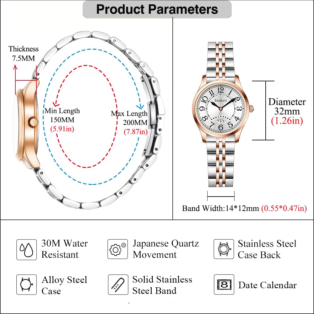 Szaikyri Clasica Reloj Mujer con Numerales Árabes de Tiempo Fácil de Leer Mujer Reloj con Calendario Resistente al Agua
