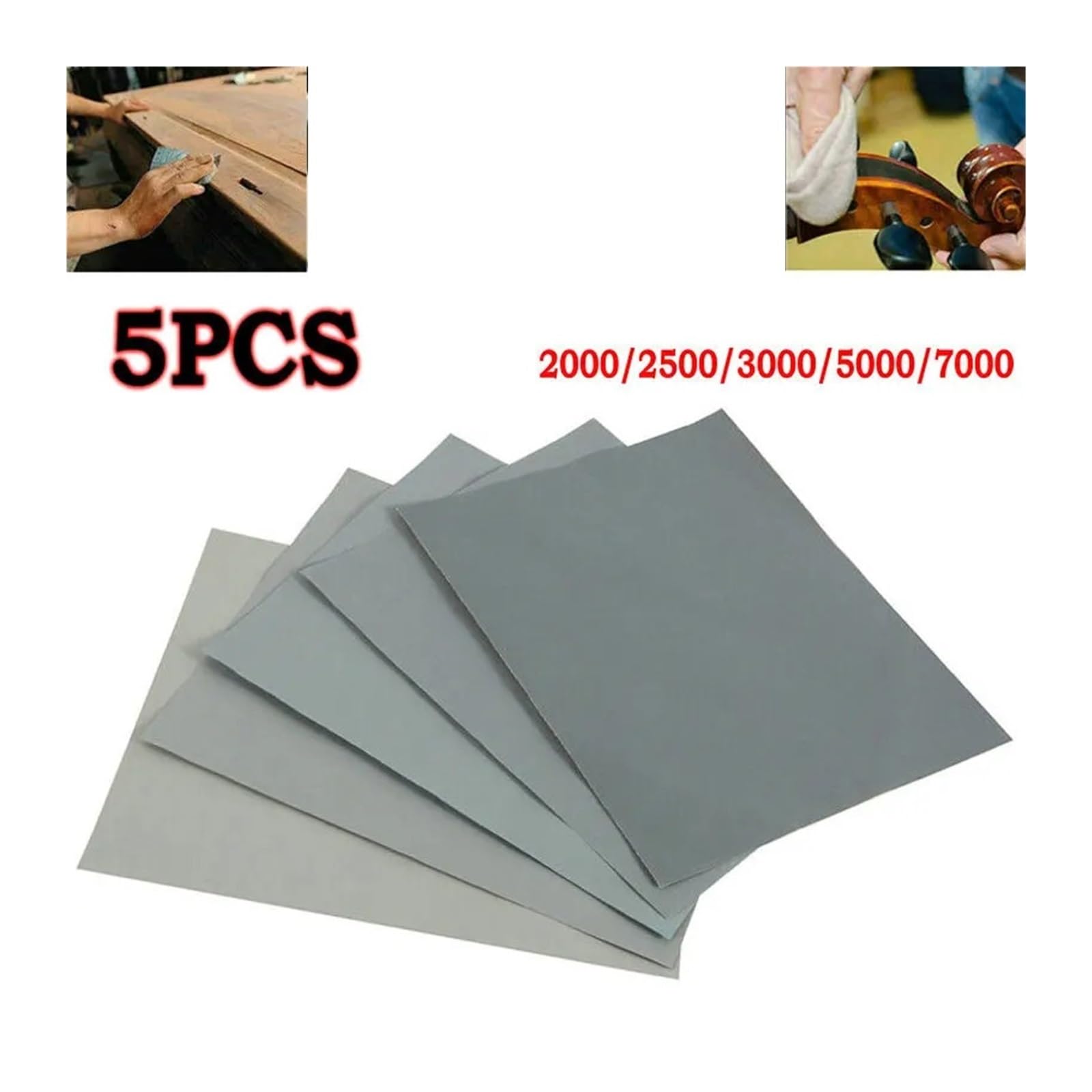 Papel de Lija, Paquete 5 Hojas Papel al Agua, Grano Suave 2000, 2500, 3000, 5000 y 7000, for Uso en seco húmedo, 23 x 9,3 cm