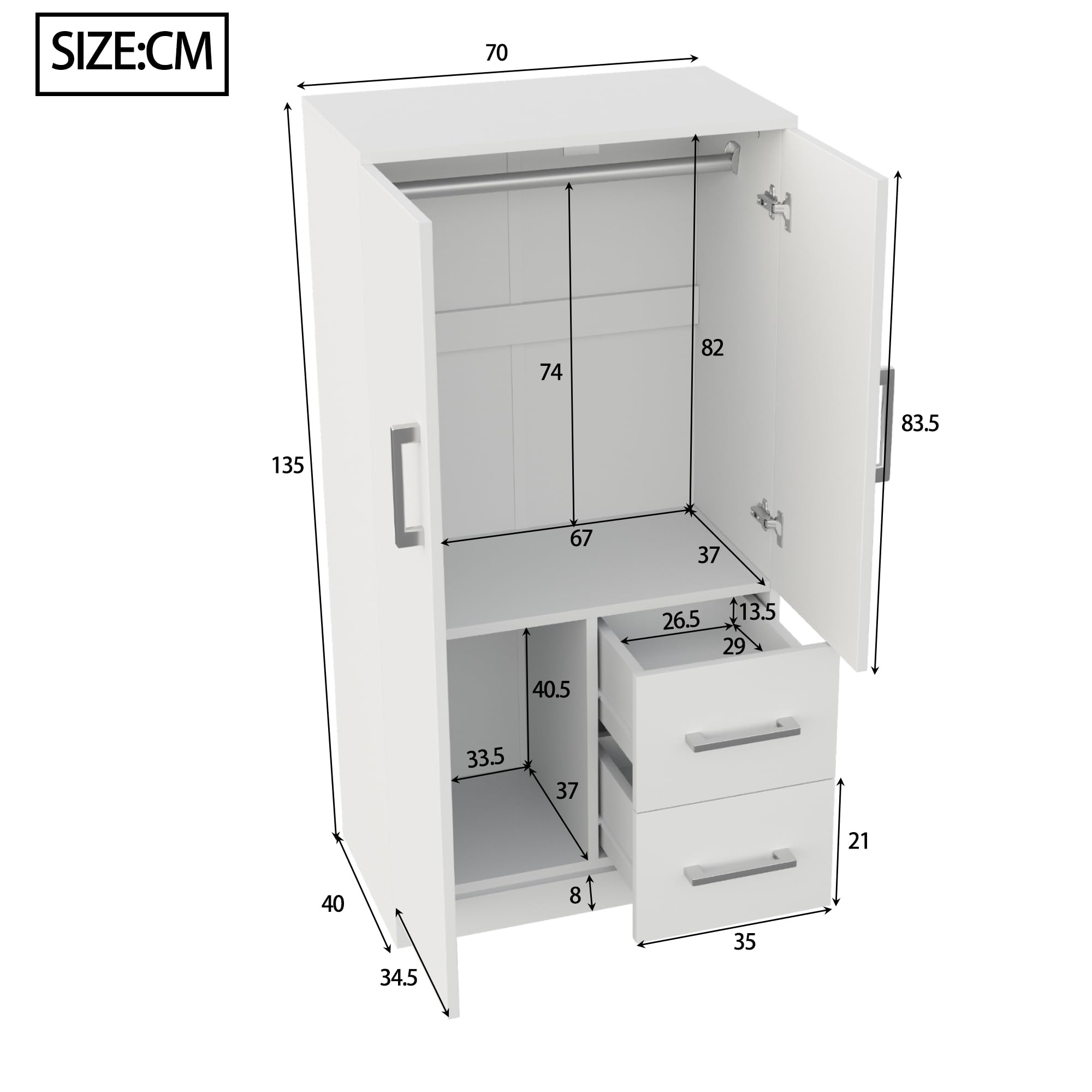 Armadio Bambini 2 Ante Legno 70x40x135 cm Bianco