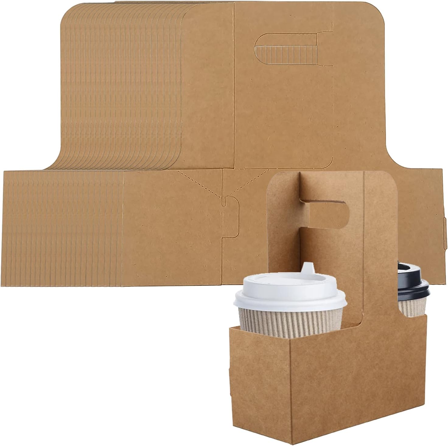 2 Cup Drink Carrier With Handle, 20 Pack Kraft Paperboard