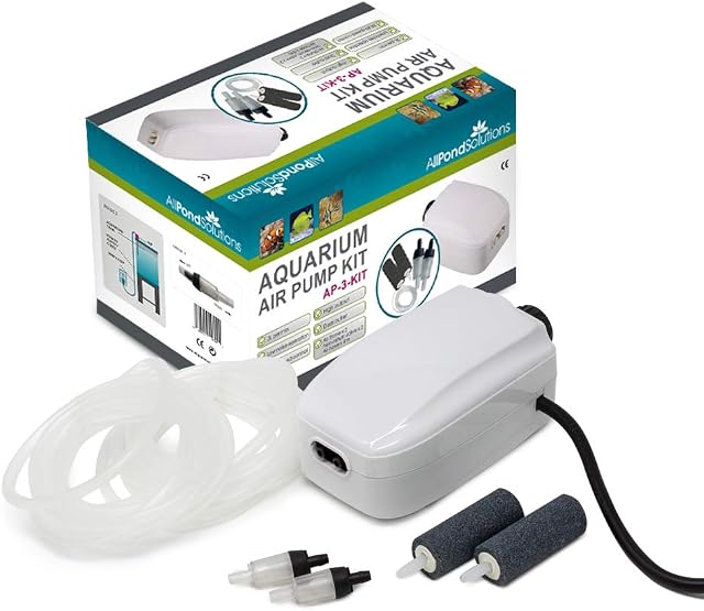 AllPondSolutions Aquarium Air Pump For Coldwater or Tropical Fish Tanks 90 to 700 Litres - 1-4 Outlets - Ultra Quiet Oxygen Pump - Includes Airline Non-Return Valves and Air Stones - Complete Kit