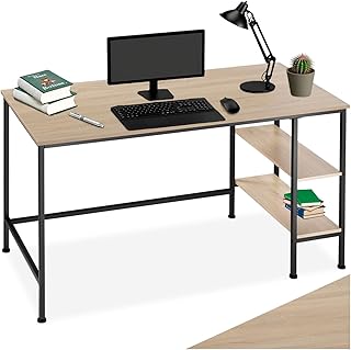 tectake® Industrial Schreibtisch mit Stauraum, Gaming Tisch mit 2 Regalfächern, Computertisch, Bürotisch, PC Tisch, Möbel für Büro und Office, 140 x 60 x 76,5 cm - Industrial Holz hell, Eiche Sonoma
