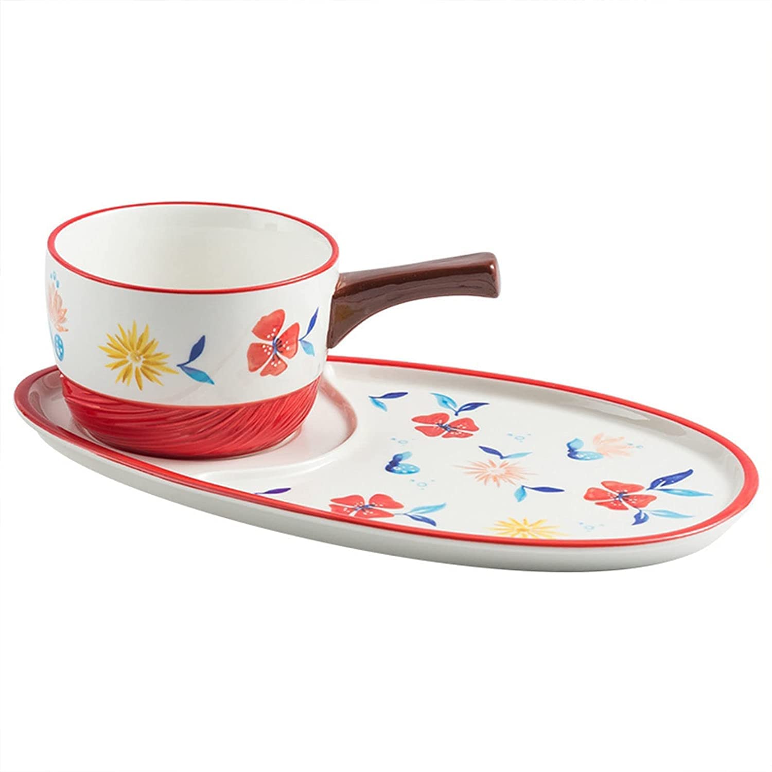 HEAGER Keramik Schüssel, Suppe Schüssel, Keramik-Cremesuppenschüsseln und -Untertassen, Teller- und Schüssel-Set for 1 Person, Frühstücksschüsseln mit Crackerhalter.-rot