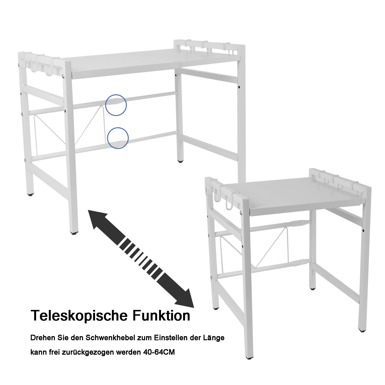 WMLBK Scaffale per microonde, Scaffale per microonde espandibile a 3 livelli, supporto per microonde, scaffale da cucina, piano di lavoro, organizer con 6 ganci, scaffale estraibile da 40-63 cm per