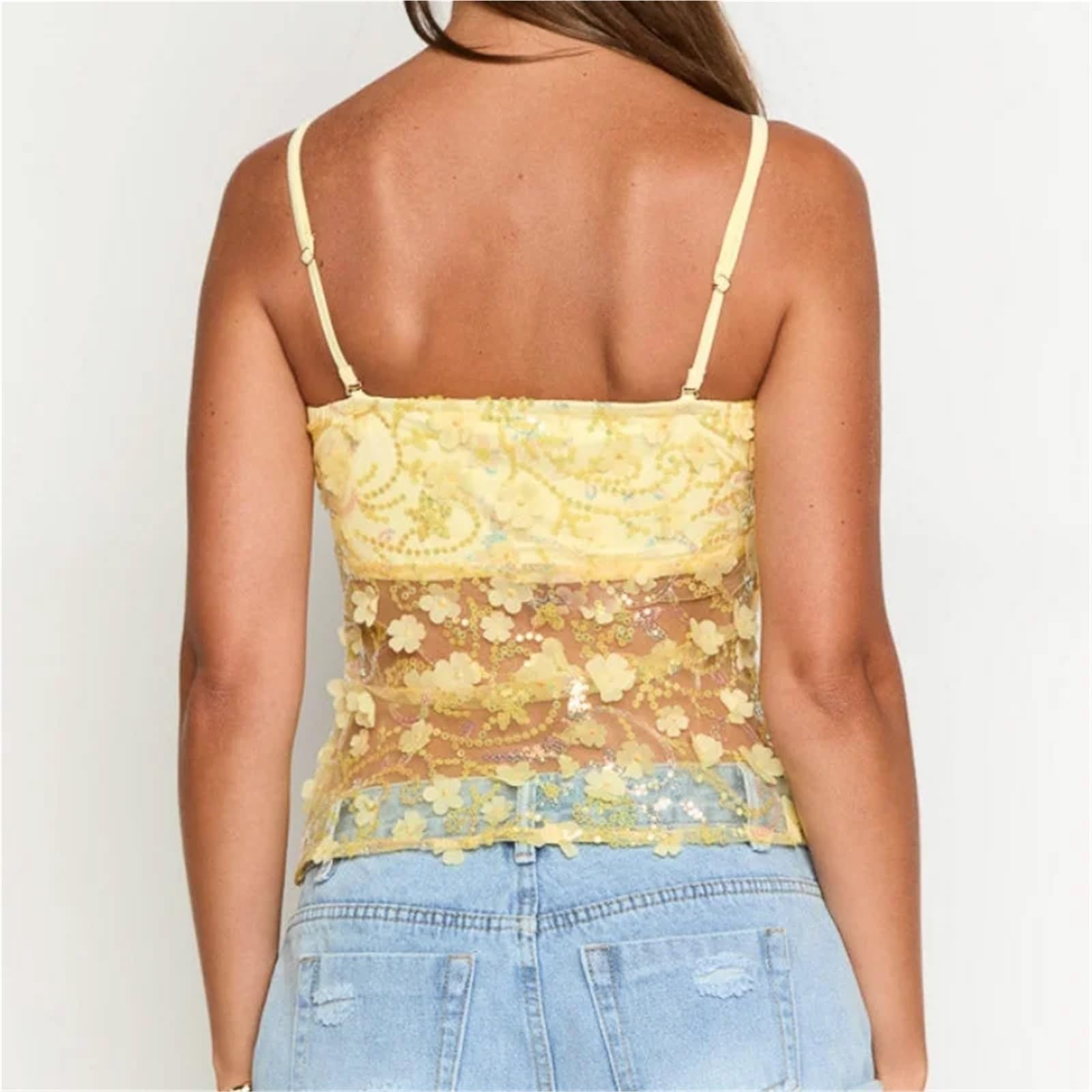 Top De Lentejuelas Tops de Tubo con Lentejuelas for Mujer, con Aberturas torcidas, de Retazos, de Malla, con Pliegues, con Aberturas torcidas, Dulces Tops de Fiesta con Flores Brillantes de Verano