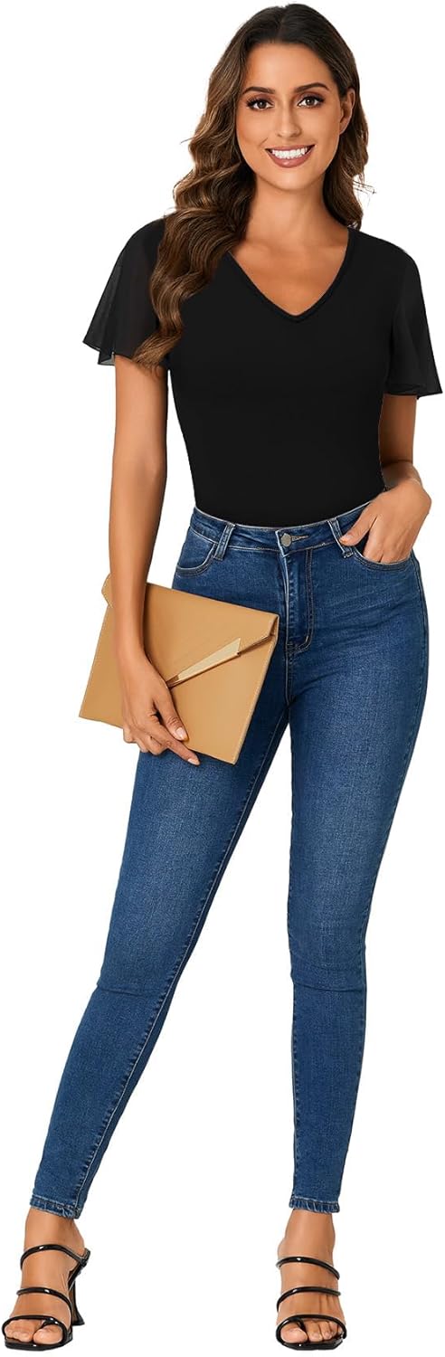 Rooscier Womens Tight Fitted Blouses V Neck Short Sleeve Basic Dressy Top - Image 6