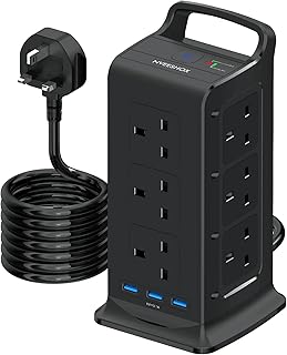 Tower Extension Lead Surge Protection (13A 2990W) with 3 USB Slots,NVEESHOX 12 Way Multi Plug Extension Power Tower with Handle,3M Long Extension Cord Charging Tower with Widely Spaced Outlet for Home