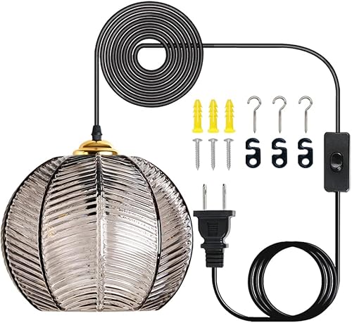 Miniatura 8 de Lámpara Colgante de Vidrio Enchufable Moderna de Mediados de Siglo con Rayas de Vidrio Ámbar, Accesorio de Iluminación de Techo Colgante con Cable