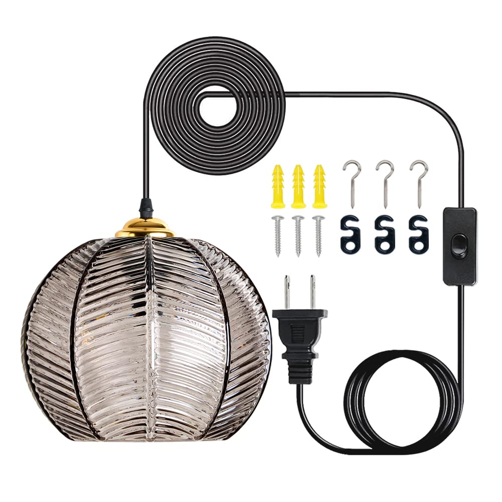 Plug in Glass Pendant Light Mid-Century Modern Striped Grey Glass Hanging Ceiling Lighting Fixture with 14.7FT Cord, Globe Decor Chandelier For Living Room, Bedroom, Dining Hall, Kitchen (Smoke Grey)