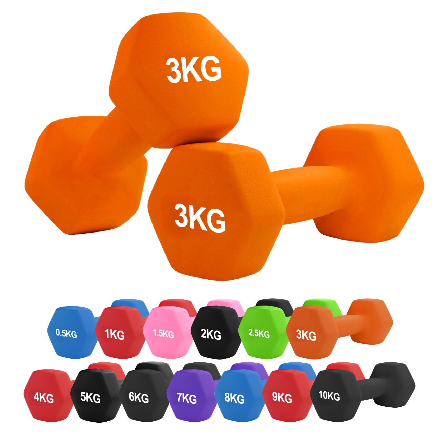 Neoprene Hex Dumbbell Set 0.5–10kg – Non-Slip Comfort Grip Hand Weights for Home Gym, Strength Training, Full-Body Workouts, HIIT, CrossFit, Pilates (3Kg Pair-Orange)