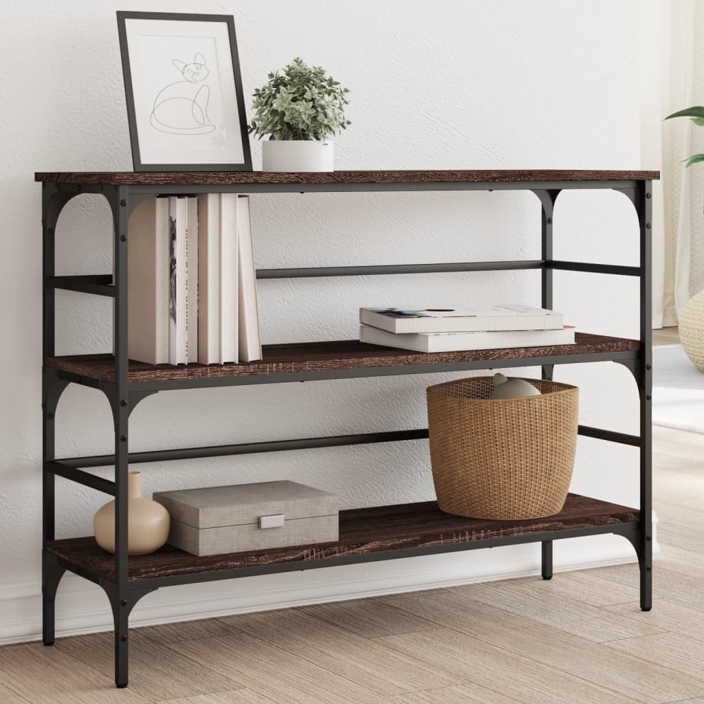 SXZenSpace Console Table 100x32x75 cm Brown Oak Engineered Wood & Metal Frame, Adjustable Feet Slim Hallway Sofa Side for Living Room Corridor Bedroom