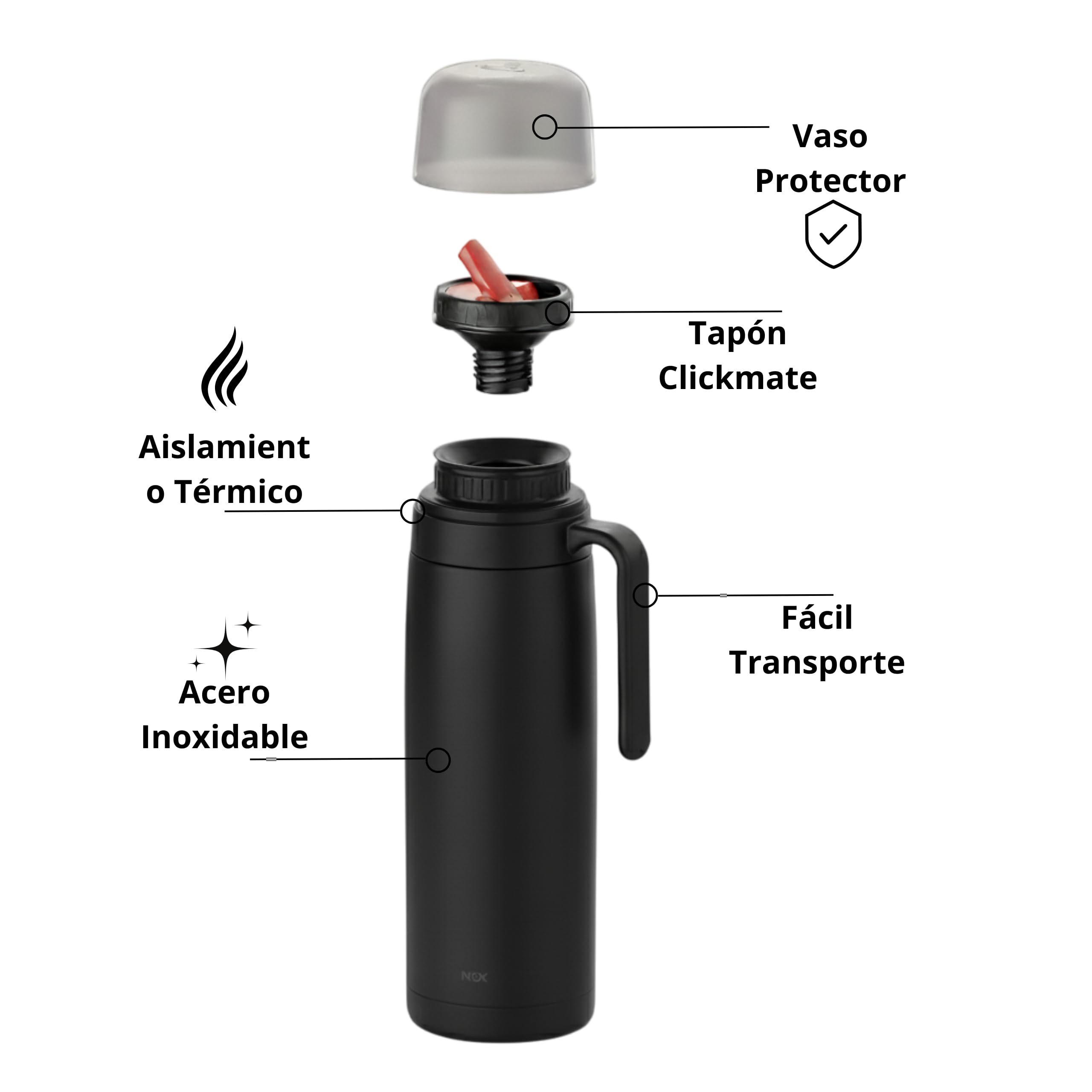 Termo R-EVOLUTION 1L con Pico Cebador para Mate y Asa - Negro | Acero Inoxidable 304 con Retención Térmica 20H Calor / 36H Frío - Botella Aislante de Viaje