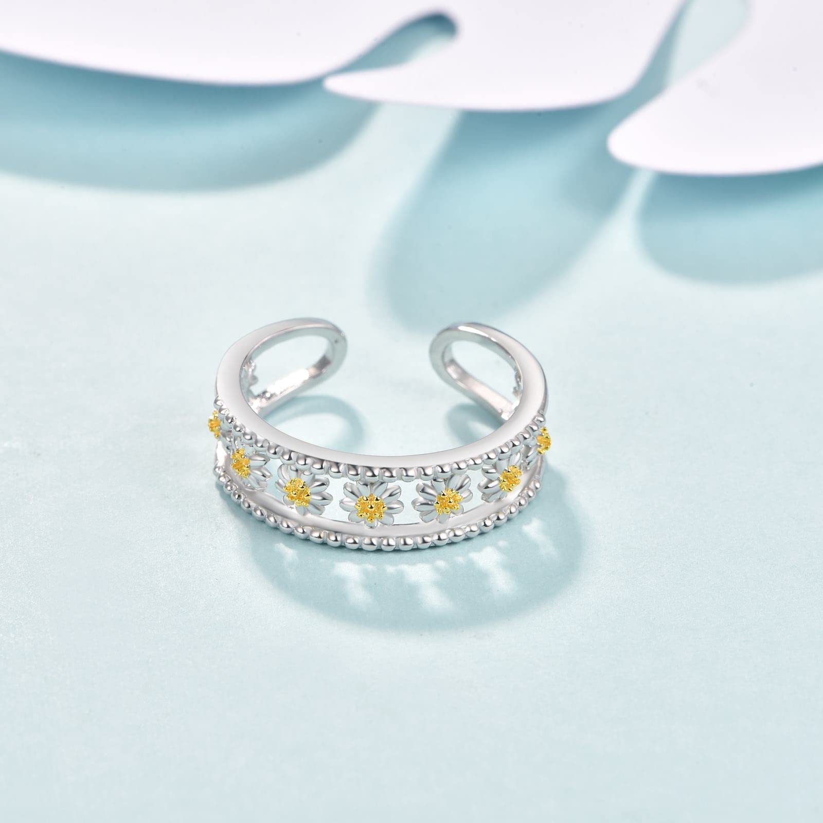 KINGWHYTE Daisy Rings for Women 925 Sterling Silver Adjustable Flower Open Ring Birthday Christmas Jewellery Gifts for Girls