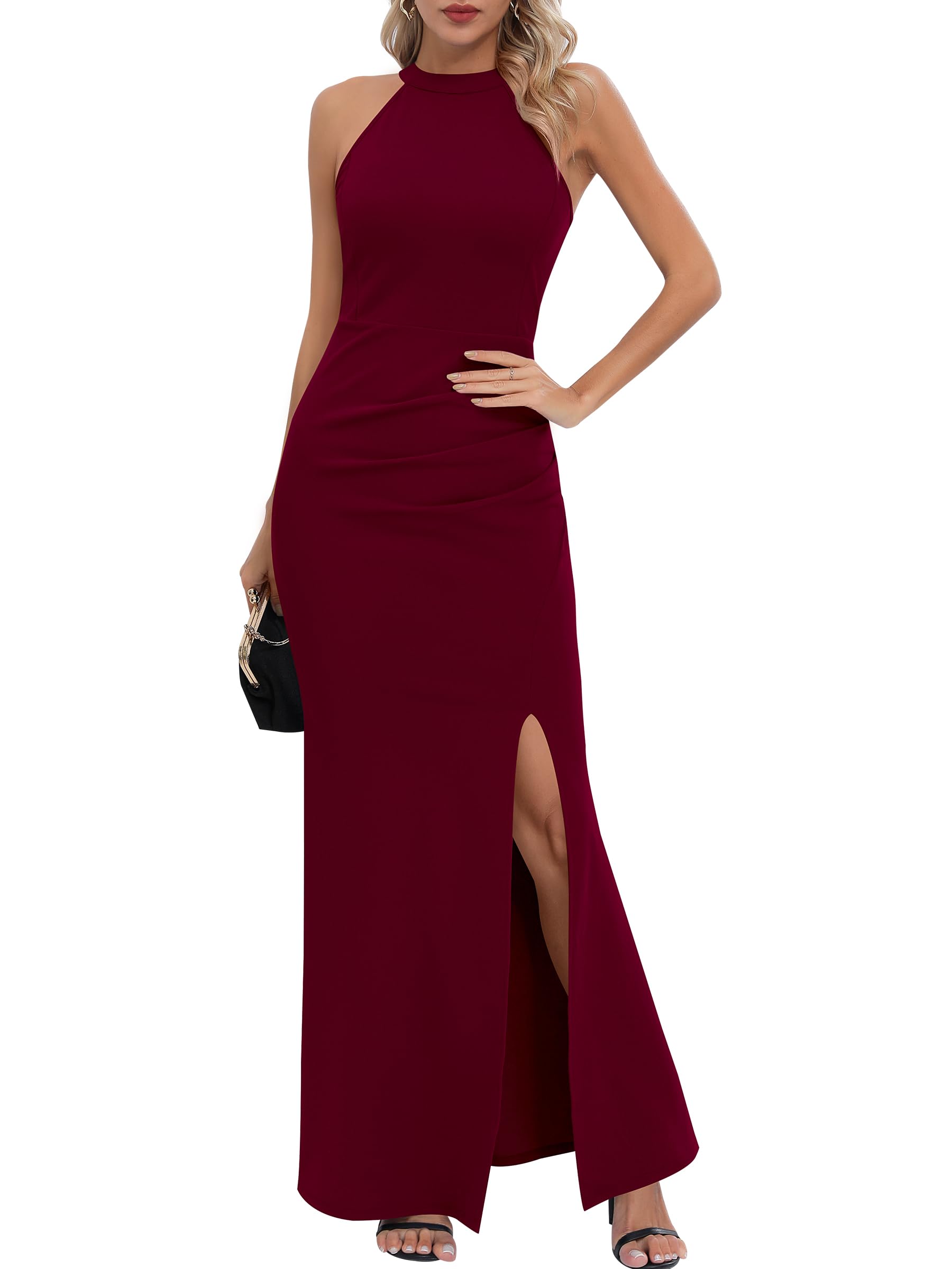 Missufe Damen Maxikleid Partykleid Neckholder Ärmelloses Abendkleid Schlitz Elegant Bodycon Lang Ballkleider