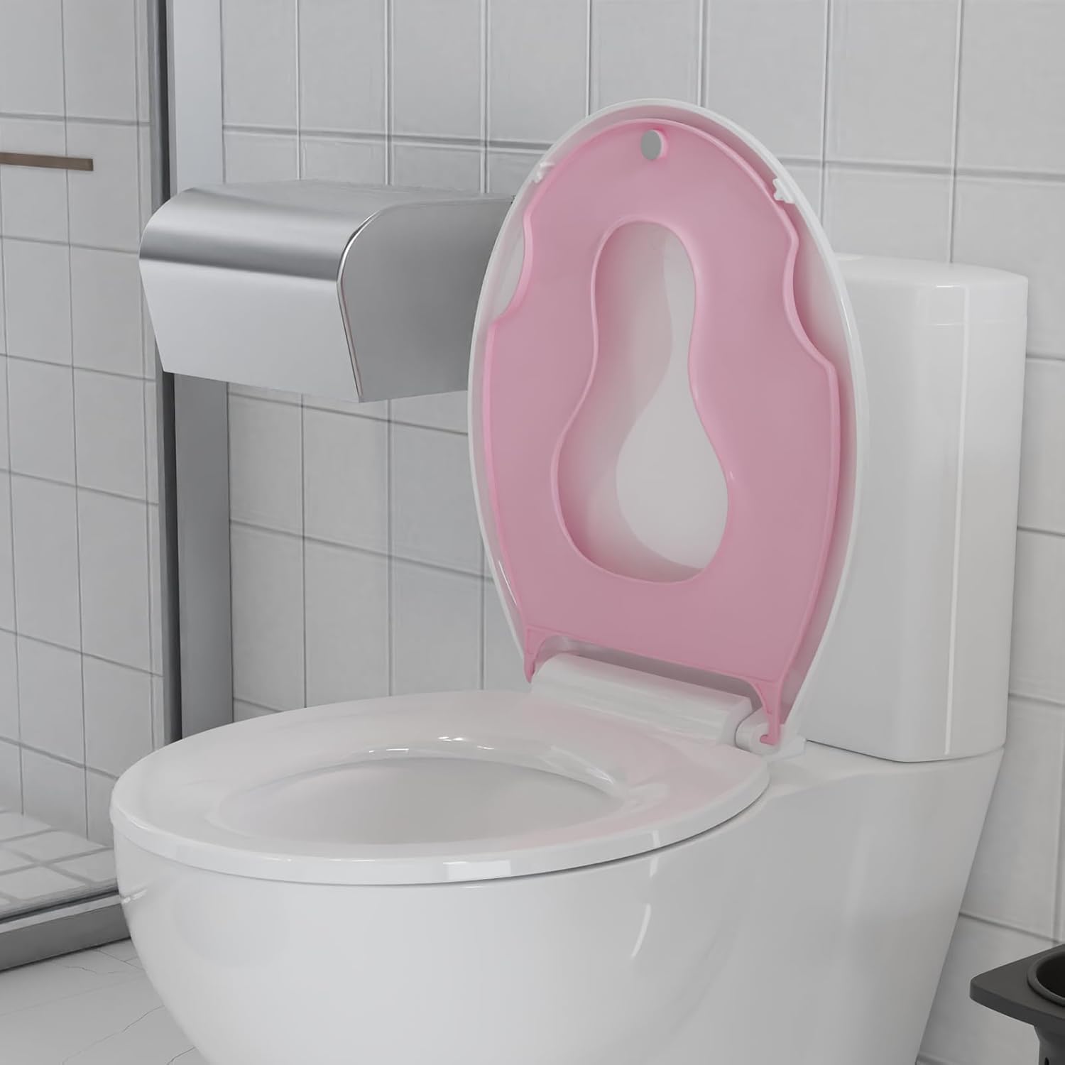 17" Round Toilet Seat With Built-In Toddler Seat - Easy Potty Training, Slow Close Feature, Easy Install & Clean, Perfect for Adults & Kids(White and Pink)
