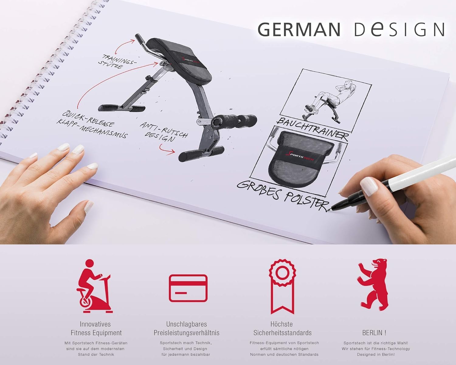 Sportstech Klappbare & verstellbare 3in1 Hantelbank für Zuhause – Bauchtrainer, Rückentrainer & Beincurler | Optimal für ein effizientes und effektives Home Gym Workout bis 130kg | BRT200