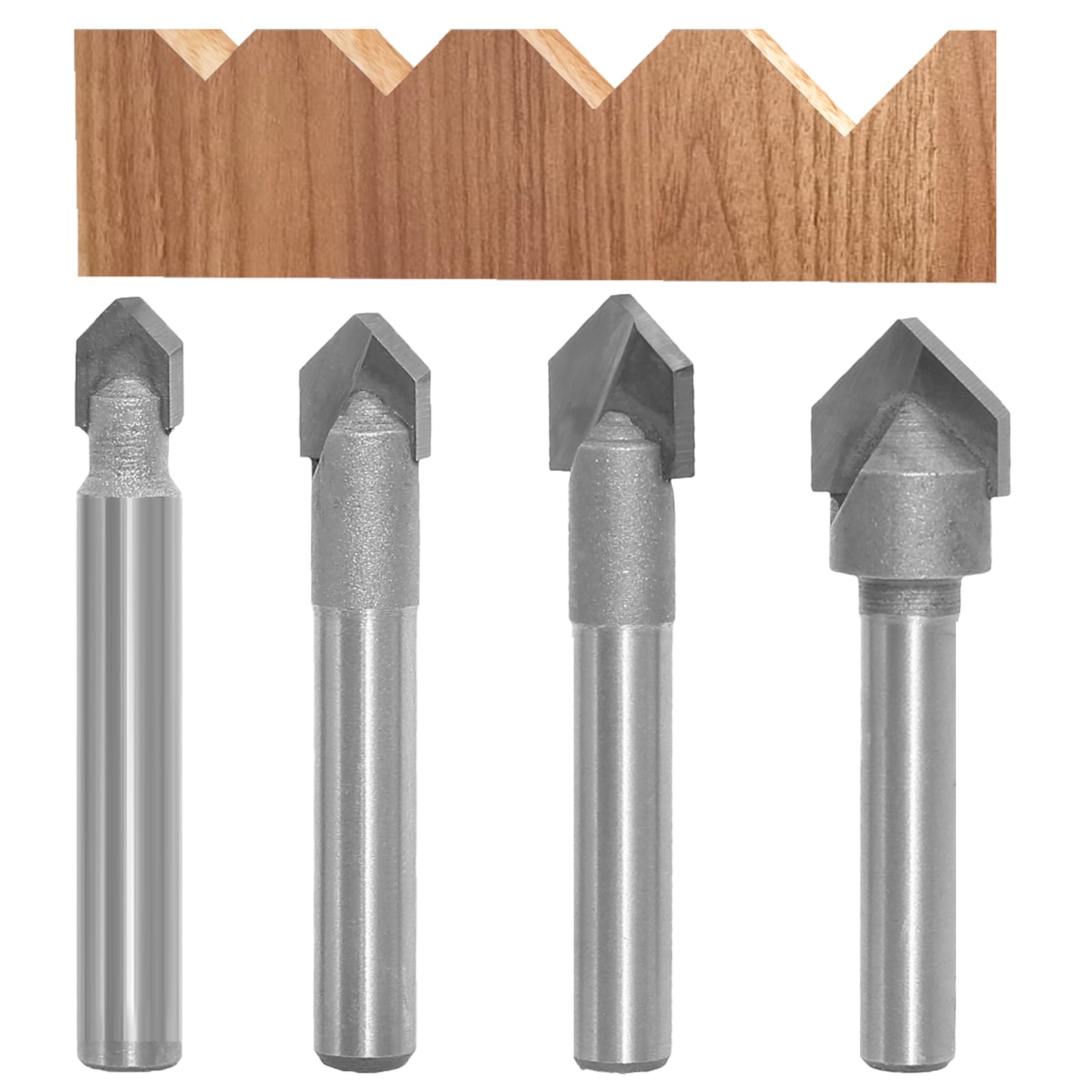 4pcs 90 Degree V Groove Router Bit Set, 1/4" Shank, Carbide Tips, V Grooving Cutters for Wood Carving Engraving & Signmaking