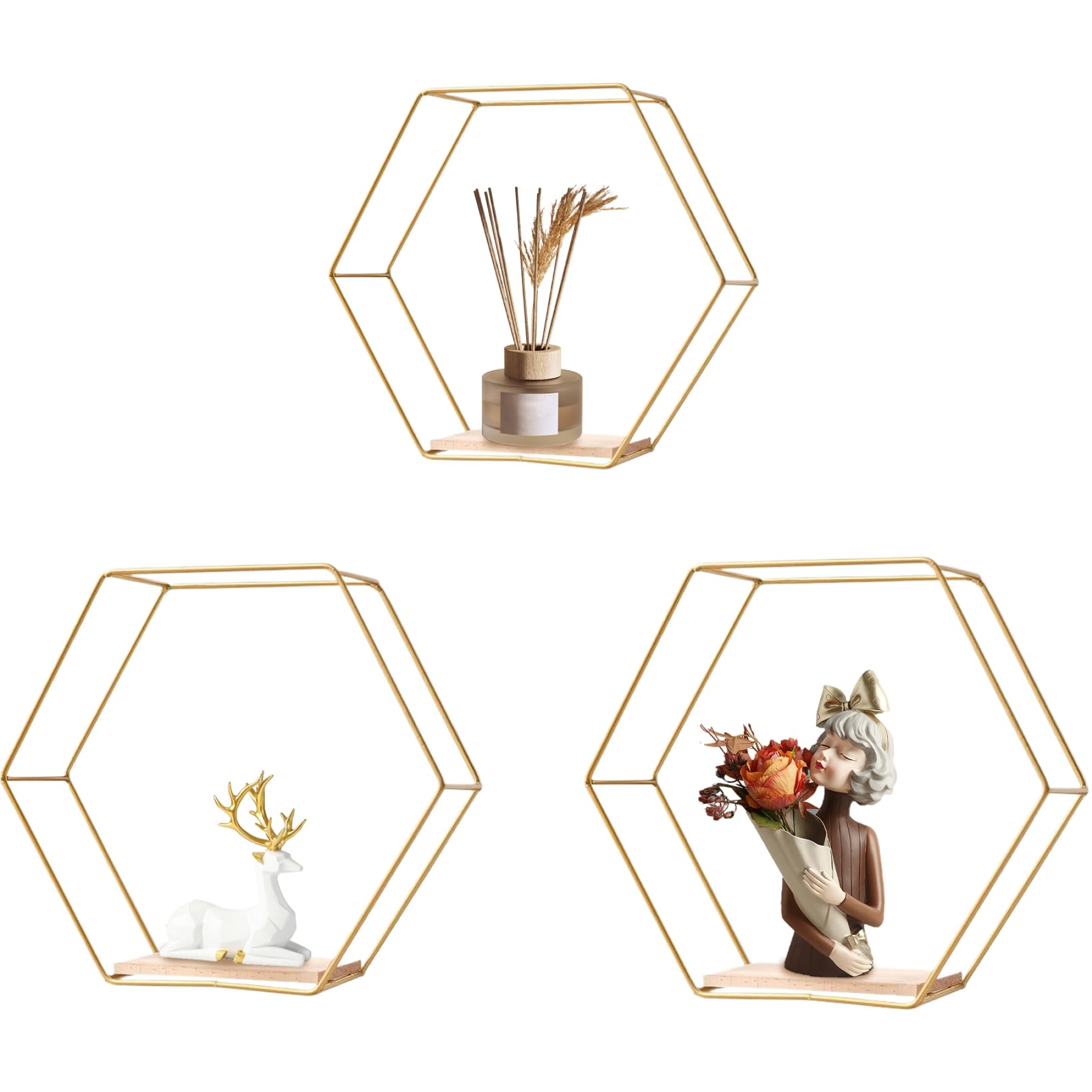 Étagères hexagonales de 3 tailles étagère flottante dorée murale pour maison et hôtel