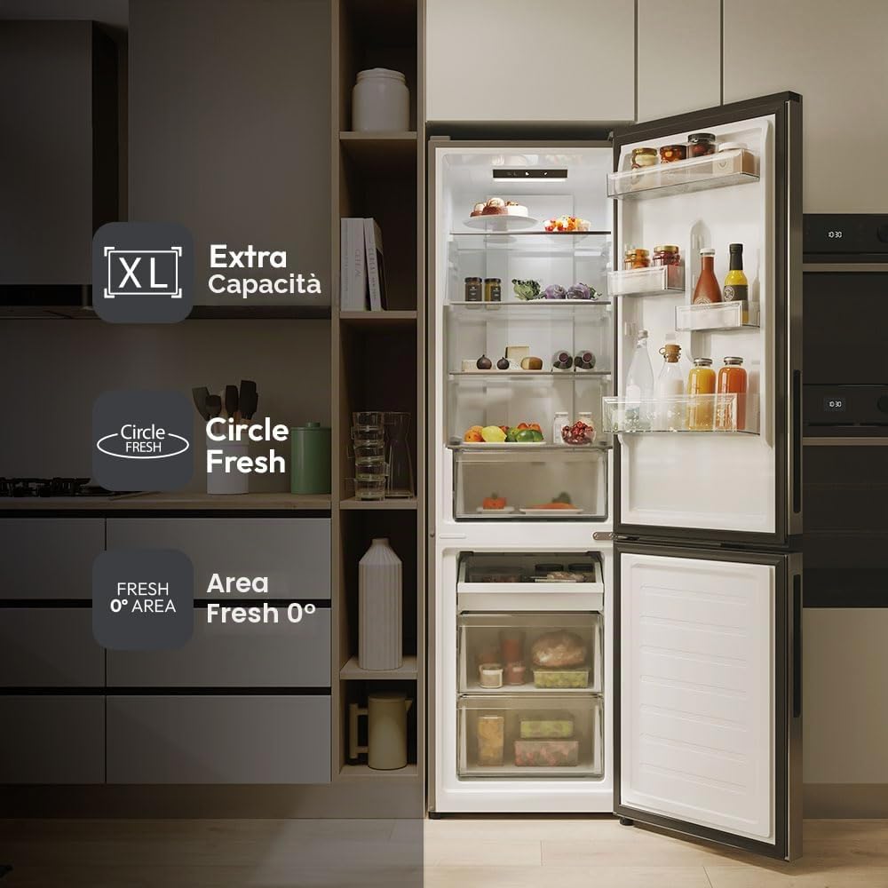 Candy City Fresco 300 CNCQ2T518EX, Frigorifero Combi, 280L, Larghezza 55 cm, Altezza 182 cm, Total No Frost Circle+, Cassetto per Verdure, Controllo Interno Digitale, Illuminazione LED, Porta