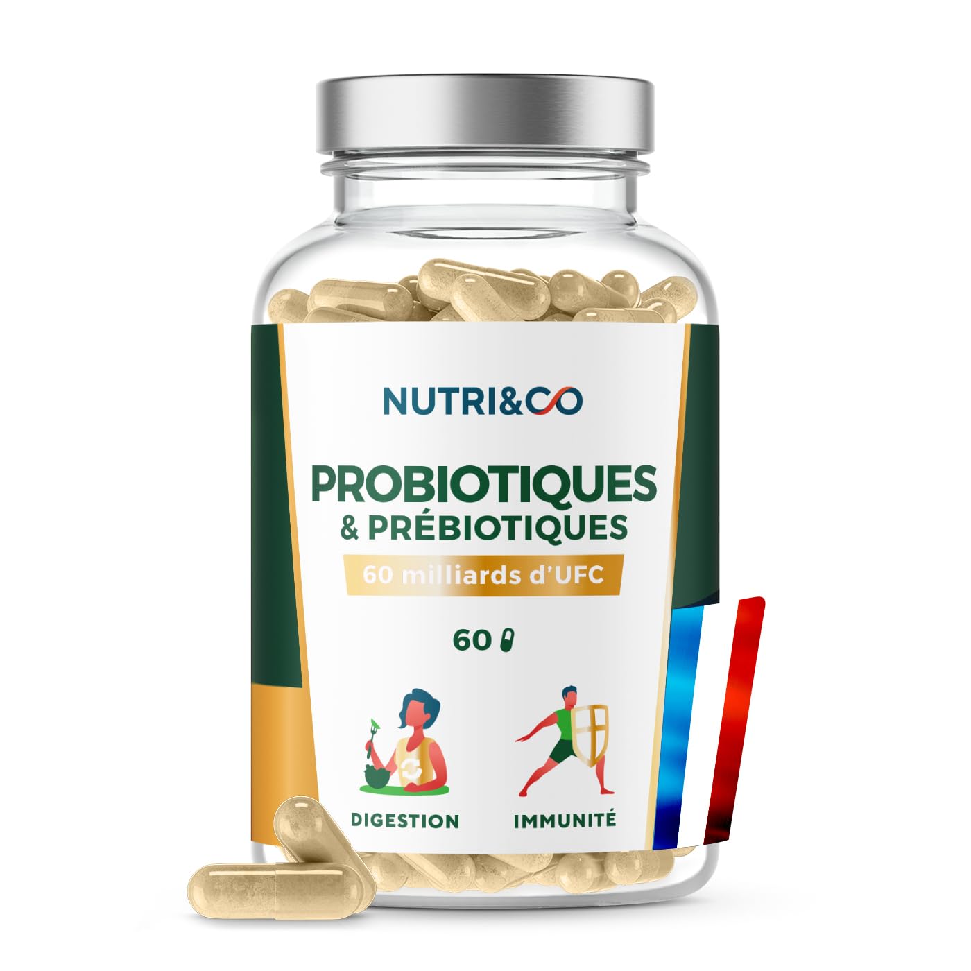 NUTRI & CO Probiotique Flore Intestinale - 60 Milliards UFC/​jour - 9 Souches dont 2 Lactobacillus Brevetées - 60 Gélules Gastro-​Résistantes aux Enzymes Digestives - Conditionné en France