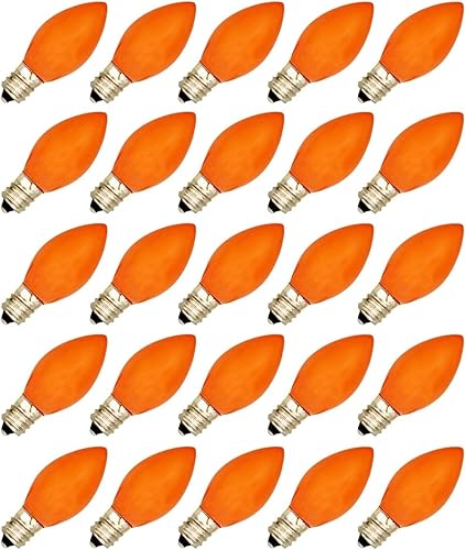 Creative Hobbies® Caja de 25 bombillas, naranja opaco de cerámica, combustión constante, incandescente de 7 W, base de candelabro C7, ideal para